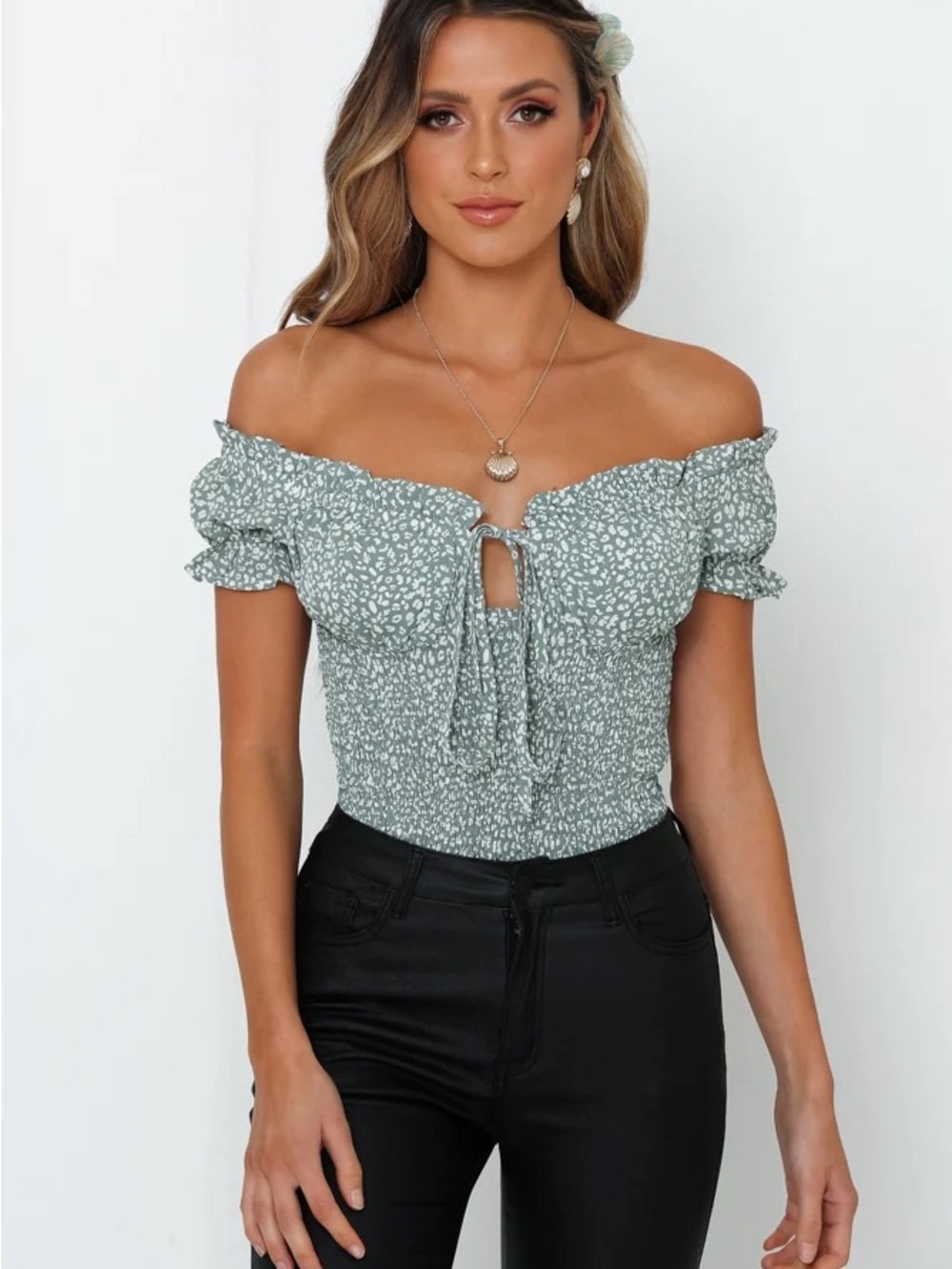 Princess Polly Ahead Of Myself Off Shoulder Bodysuit-Sage Green Floral